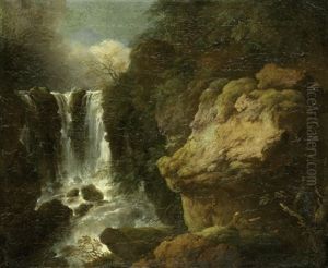 Italienische Landschaft Mit Zwei Eremiten Bei Einem Wasserfall