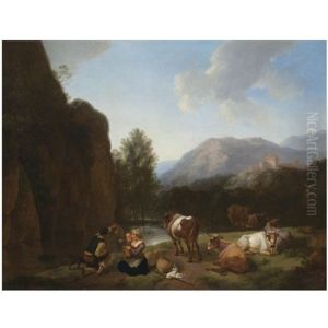 A Mountainous River Landscape With A Herder by Christian Wilhelm Ernst Dietrich