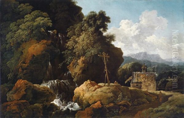 Bewaldete Berglandschaft Mit Einer Waldkapelle An Einem Wasserfall Mit Einem Betenden Eremiten Vor Einem Kreuz Mit Den Marterwerkzeugen Christi - view 1
