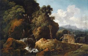 Bewaldete Berglandschaft Mit Einer Waldkapelle An Einem Wasserfall Mit Einem Betenden Eremiten Vor Einem Kreuz Mit Den Marterwerkzeugen Christi