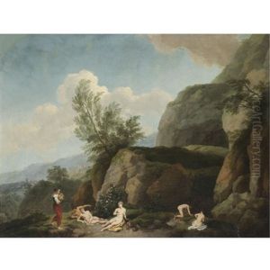 A Mountainous Landscape With Nymphs Bathing In The Foreground And A Woman Carrying A Child (the Finding Of Moses?) by Christian Wilhelm Ernst Dietrich
