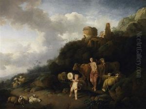 Arkadische Landschaft Mit Hirtin Bei Vieh Und Musizierendem Putto