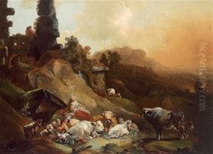 Schlummernde Hirtin Mit Ihrer Herde In Den Albaner Bergen Bei Rom by Christian Wilhelm Ernst Dietrich