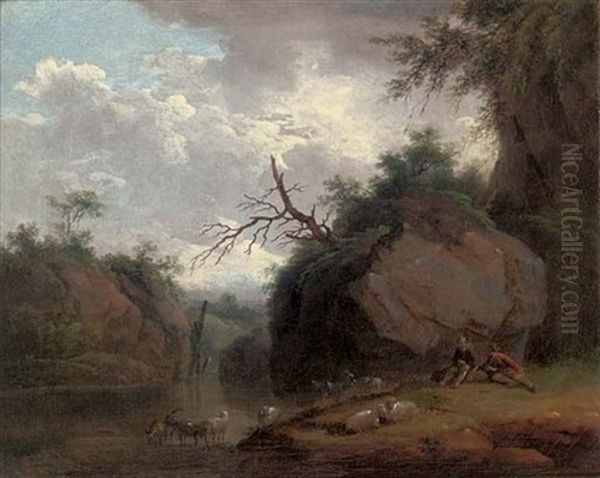 A Wooded River Landscape With Shepherds And Their Flock (+ A Wooded River Landscape With A Shepherdess; Pair) - view 1