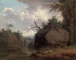 A Wooded River Landscape With Shepherds And Their Flock (+ A Wooded River Landscape With A Shepherdess; Pair) by Christian Wilhelm Ernst Dietrich