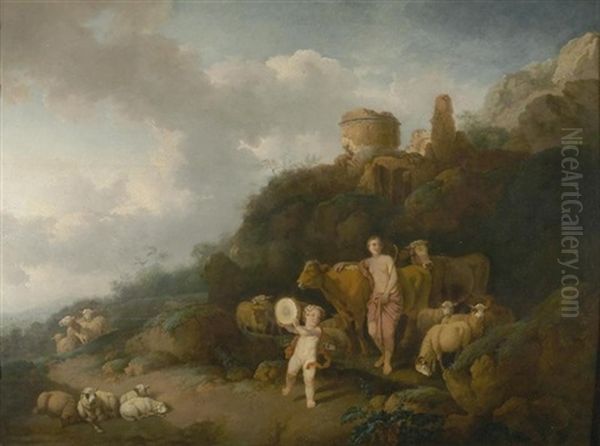 Schaferszene, Eine Hirtin Und Ein Putto Mit Tamburin - view 1
