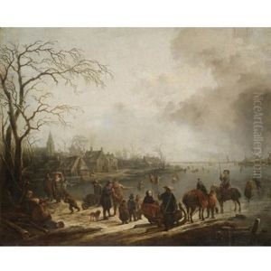 A Winter Landscape With A Sledge And Numerous Figures On A Frozen River, A Village Beyond by Christian Wilhelm Ernst Dietrich