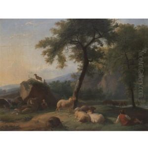 A Pastoral Landscape With A Shepherd Resting With His Flock, And A Herder Watering His Cattle In A River Beyond by Christian Wilhelm Ernst Dietrich