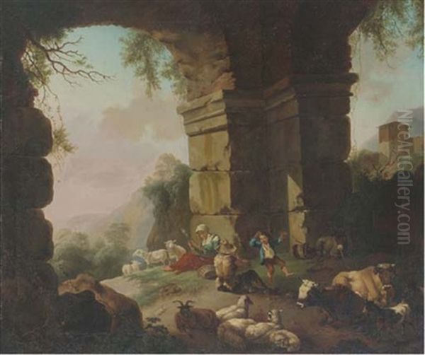 An Italianate Landscape With A Girl Weaving, A Shepherd Playing Pipes And A Little Boy Dancing Amongst Ruins - view 1