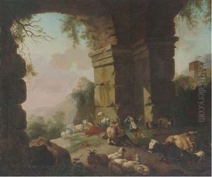 An Italianate Landscape With A Girl Weaving, A Shepherd Playing Pipes And A Little Boy Dancing Amongst Ruins by Christian Wilhelm Ernst Dietrich