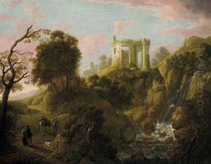 Blick Auf Tivoli Mit Dem Tempel Der Sybille Oder Der Vesta, Einem Wasserfall Und Reisenden by Christian Wilhelm Ernst Dietrich