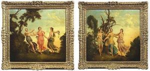 Drei Tanzende Nymphen Mit Blumengirlanden In Einer Waldlandschaft (+ Drei Reigen Tanzende Nymphen; Pair) by Christian Wilhelm Ernst Dietrich