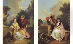 Jeune Femme Assise Avec Son Carlin Dans Un Parc (+ Reunion Galante Dans Un Parc; Pair)