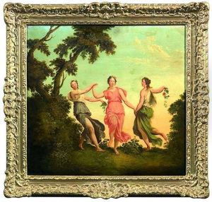 Drei Tanzende Nymphen Mit Blumengirlanden In Einer Waldlandschaft (+ Drei Reigen Tanzende Nymphen; Pair) by Christian Wilhelm Ernst Dietrich