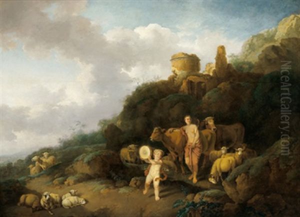 Schaferszene, Eine Hirtin Und Ein Putto Mit Tamburin In Einer Gebirgigen Landschaft Mit Einer Turmruine - view 1