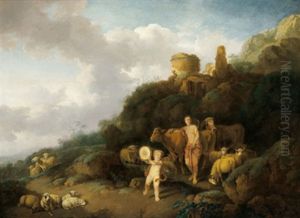 Schaferszene, Eine Hirtin Und Ein Putto Mit Tamburin In Einer Gebirgigen Landschaft Mit Einer Turmruine