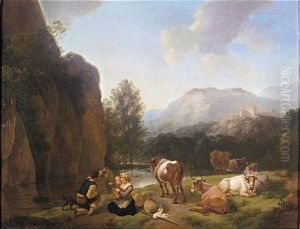 An Italianate Mountainous Landscape With A Shepherds' Family With Their Herd And A Dog Resting Near A Stream by Christian Wilhelm Ernst Dietrich