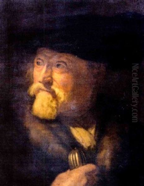 Portrait Of An Elderly Man In A Cap And A Fur Trimmed Coat, Holding A Cane - view 1