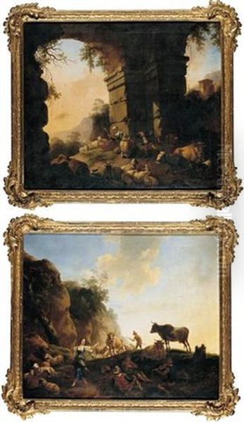 An Italianate Landscape With A Girl Weaving, A Shepherd Playing Pipes And A Little Boy Dancing Amongst Ruins - view 1