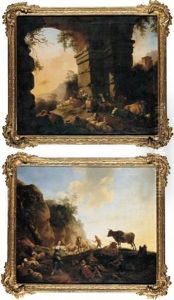 An Italianate Landscape With A Girl Weaving, A Shepherd Playing Pipes And A Little Boy Dancing Amongst Ruins by Christian Wilhelm Ernst Dietrich
