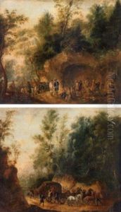 A Wooded Landscape With Highwaymen Holding Up A Carriage by Christian Wilhelm Ernst Dietrich