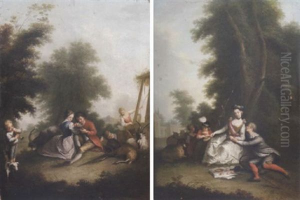A Shepherd And Shepherdess Playing With A Caged Bird In A Pastoral Landscape - view 1