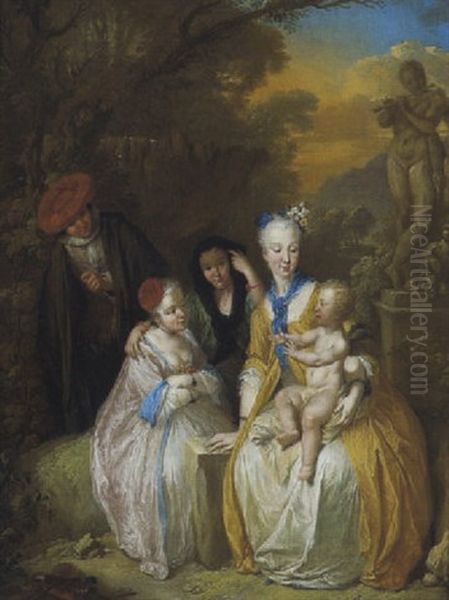 Eine Elegante Dame, Auf Ihrem Schos Ihren Sohn Haltend, Dargestellt Als Geflugelter Amor, Daneben Zwei Damen - view 1