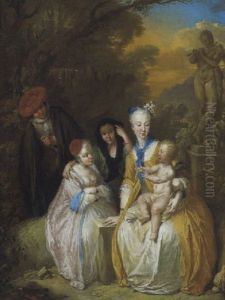 Eine Elegante Dame, Auf Ihrem Schos Ihren Sohn Haltend, Dargestellt Als Geflugelter Amor, Daneben Zwei Damen by Christian Wilhelm Ernst Dietrich