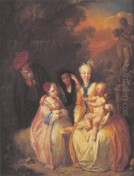 An Elegant Family Seated In A Parkland Landscape With Thier Son Personifying Cupid, A Sculpture Of Orpheus Nearby - view 1