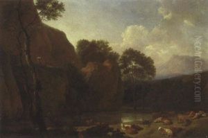 Ein Hirte Mit Schafen Am Flussufer Ein Hirte Mit Schafen Am Flussufer