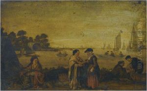 A River Landscape With Women Exchanging Money In Theforeground by Arentsz van der Cabel