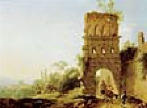 Reiter Auf Maultieren Bei Ruinen In Einer Italienischen Landschaft