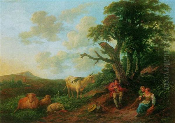 A Pastoral Scene With Sheep, Cows And Peasants Resting In The Foreground - view 1