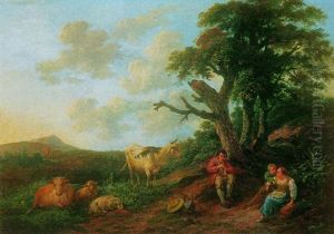 A Pastoral Scene With Sheep, Cows And Peasants Resting In The Foreground by Christian Wilhelm Ernst Dietrich