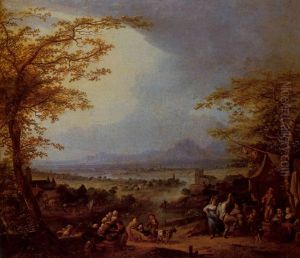 An Extensive Rhineland Landscape With A Village Dance And Children Playing In The Foreground