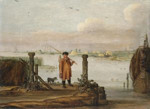 An Extensive River Landscape With A Fisherman by Arentsz van der Cabel