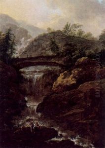 Gebirgslandschaft Mit Wasserfall, Einer Steinernen Bogenbrucke Und Figuren