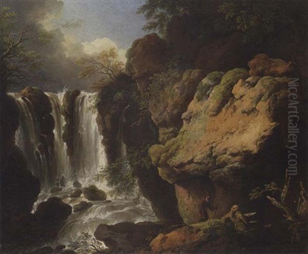 Two Hermits By A Waterfall In A Rocky Landscape - view 1