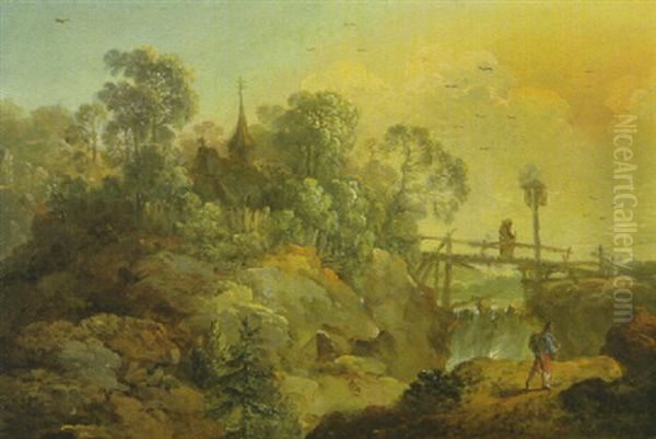 Landschaft Mit Einem Holzsteg Uber Einen Wasserfall Und Mit Einer Kirche Auf Der Felskuppe Links - view 1
