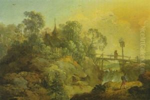 Landschaft Mit Einem Holzsteg Uber Einen Wasserfall Und Mit Einer Kirche Auf Der Felskuppe Links by Christian Wilhelm Ernst Dietrich