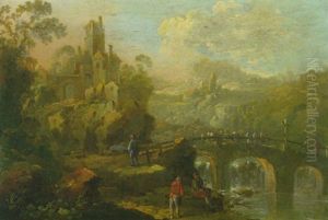 Fluslandschaft Mit Einer Bogenbrucke Uber Den Wasserfall Und Mit Einer Burg Links