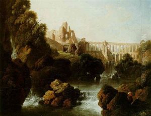 An Italianate River Landscape With Ruins, An Aqueduct And Waterfalls by Christian Wilhelm Ernst Dietrich