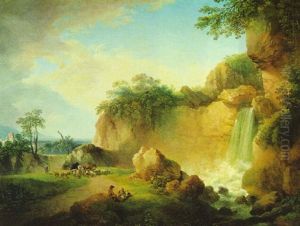 Gebirgige Landschaft Mit Einem Wasserfall Und Hirten