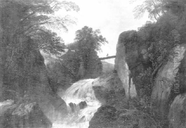 Paysage Boise A La Cascade Avec Un Pont De Bois - view 1