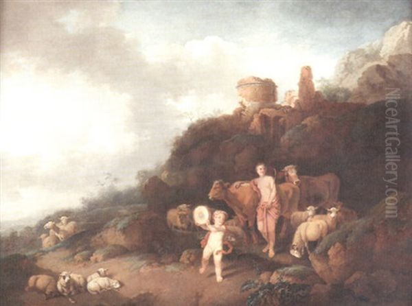 Arkadische Landschaft Mit Hirtin, Herde Und Tambourin Spielendem Putto - view 1
