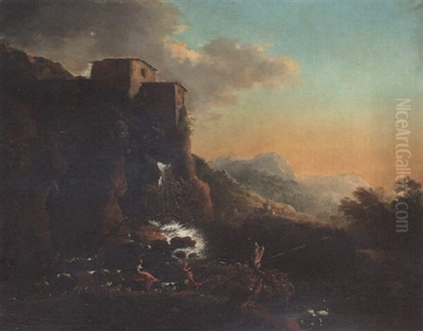 A Shepherd And Shepherdess By A Waterfall - view 1