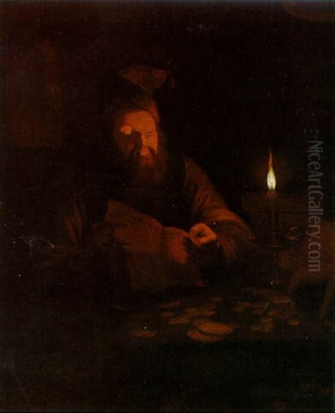 A Money Lender Reading A Letter By Candlelight At A Table - view 1