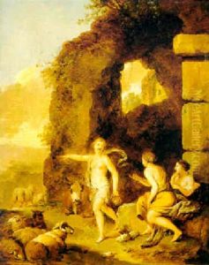 Nymphen Mit Herde Vor Klassischen Ruinen In Einer Landschaft