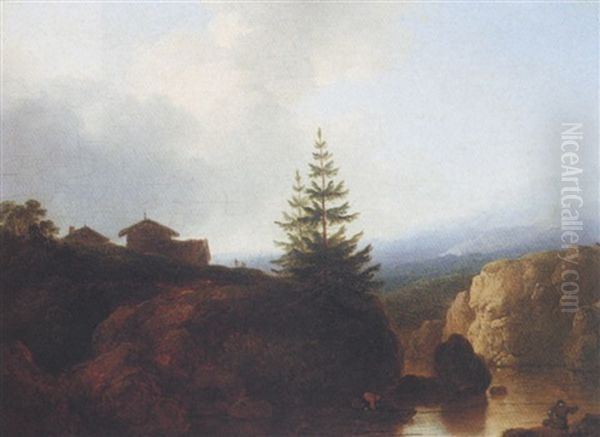 Rocky River Landscape, A Shepherd Guiding Cattle To Water - view 1