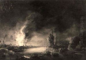 Nachtliche Feuersbrunst In Einer Fluslandschaft by Christian Wilhelm Ernst Dietrich
